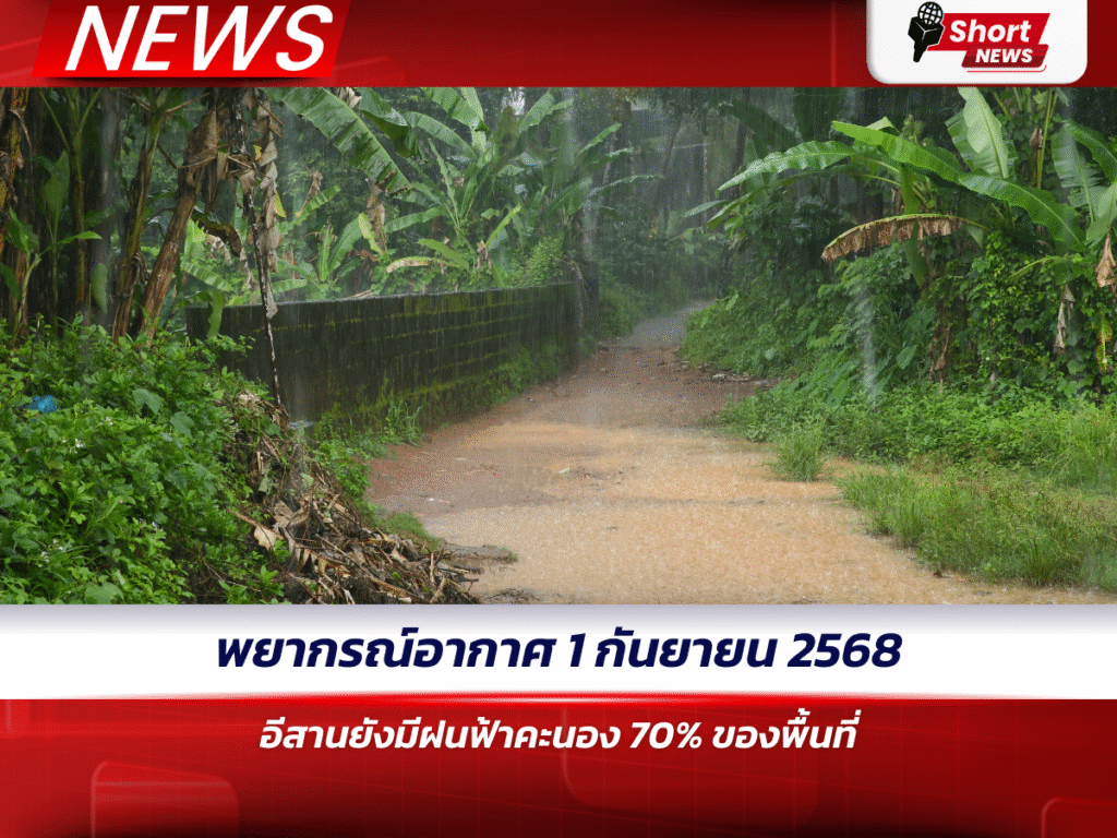 พยากรณ์อากาศ 1 กันยายน 2568 อีสานยังมีฝนฟ้าคะนอง 70% ของพื้นที่
